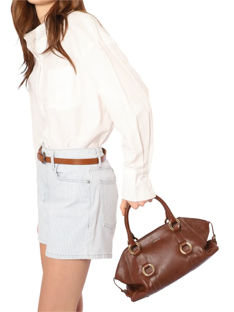 Bolsa Tote Média Couro Antique Marrom Escuro Argolas Douradas - foto 2