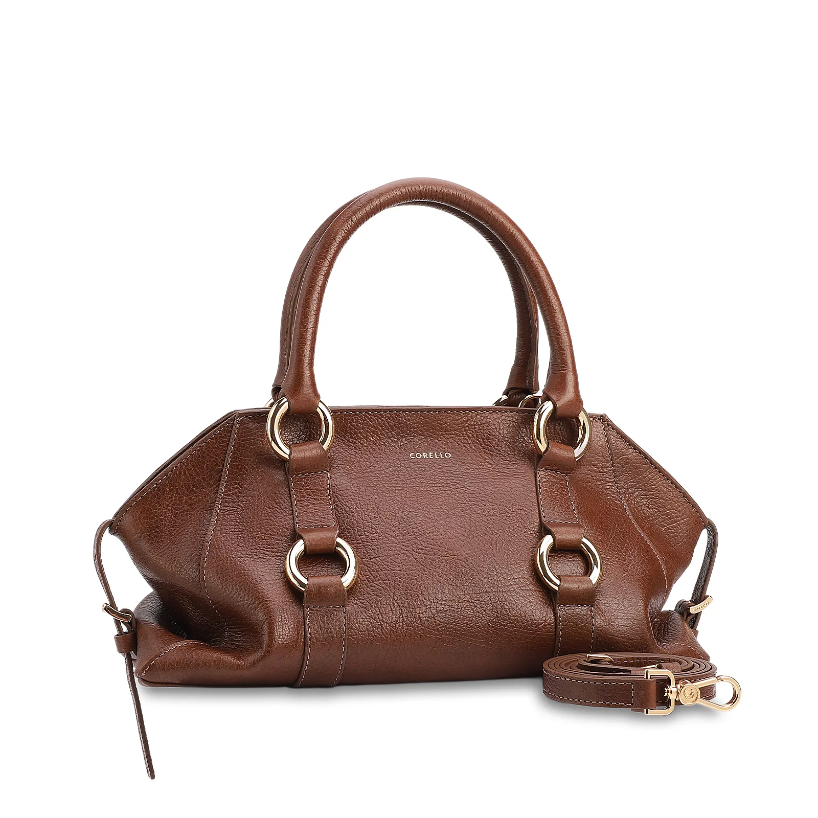 Bolsa Tote Média Couro Antique Marrom Escuro Argolas Douradas
