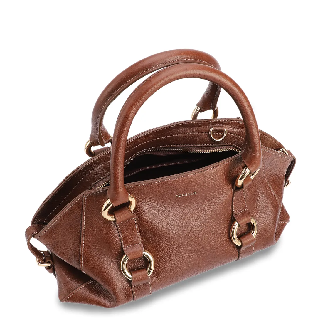 Bolsa Tote Média Couro Antique Marrom Escuro Argolas Douradas - foto 4