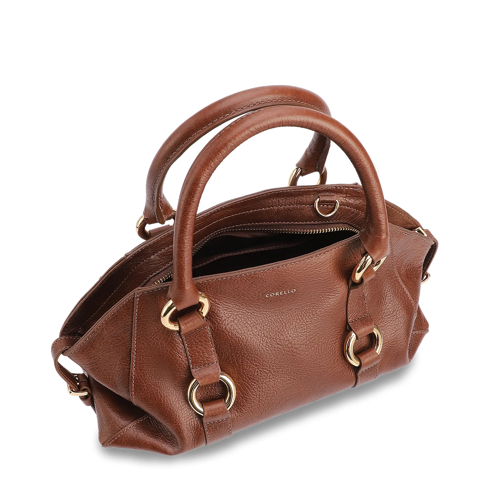Bolsa Tote Média Couro Antique Marrom Escuro Argolas Douradas