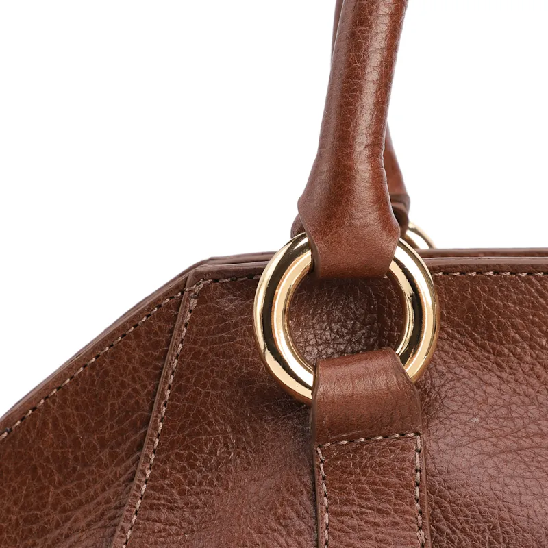Bolsa Tote Média Couro Antique Marrom Escuro Argolas Douradas - foto 6