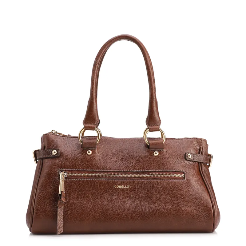 Bolsa Tote Média Couro Antique Marrom Zíper Frontal