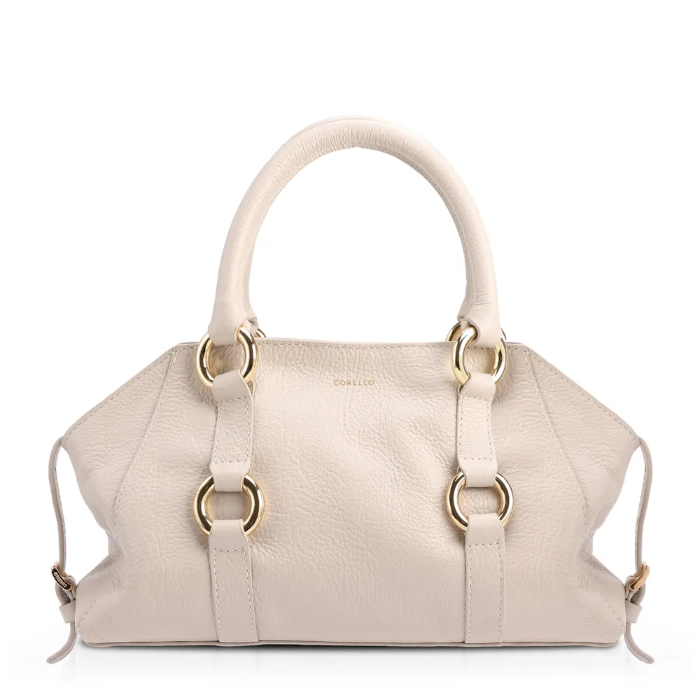 Bolsa Tote Média Couro Antique Off White Argolas Douradas