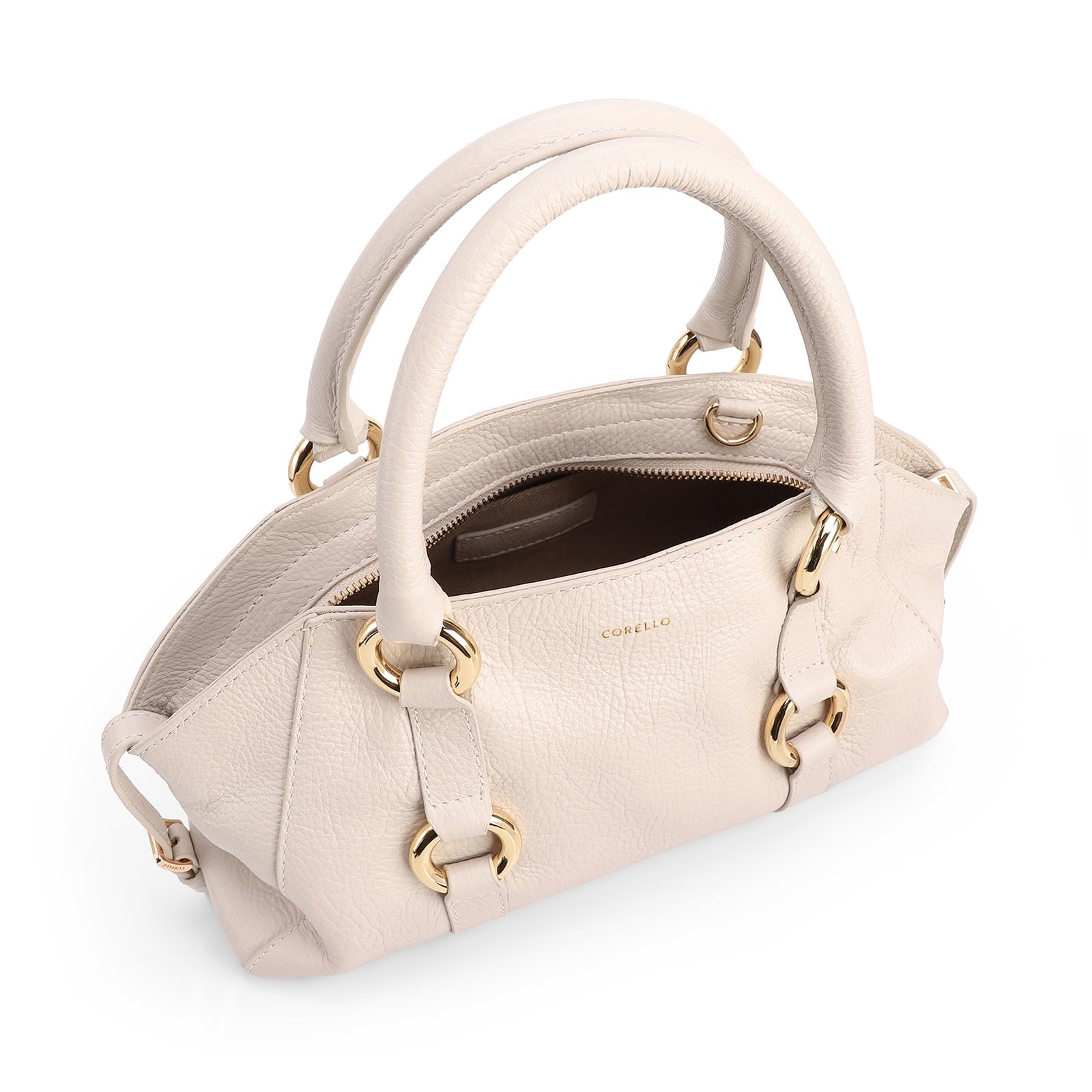 Bolsa Tote Média Couro Antique Off White Argolas Douradas