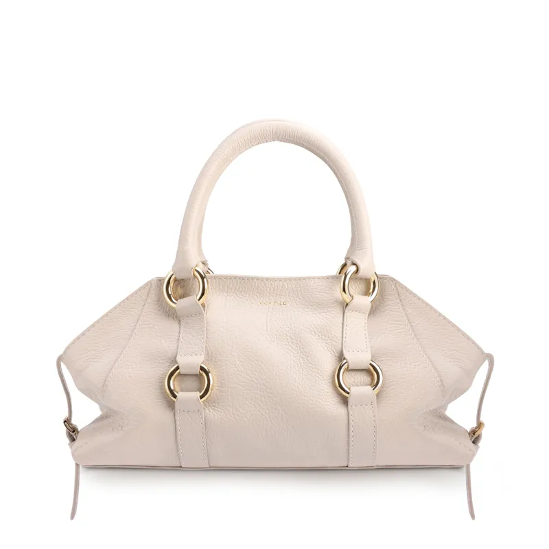 Bolsa Tote Média Couro Antique Off White Argolas Douradas