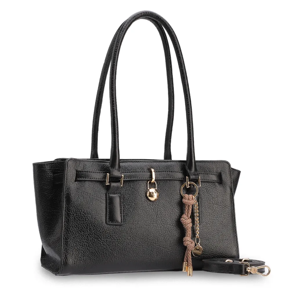 Bolsa Tote Média Couro Antique Preta Pingente Cadeado - imagem 2