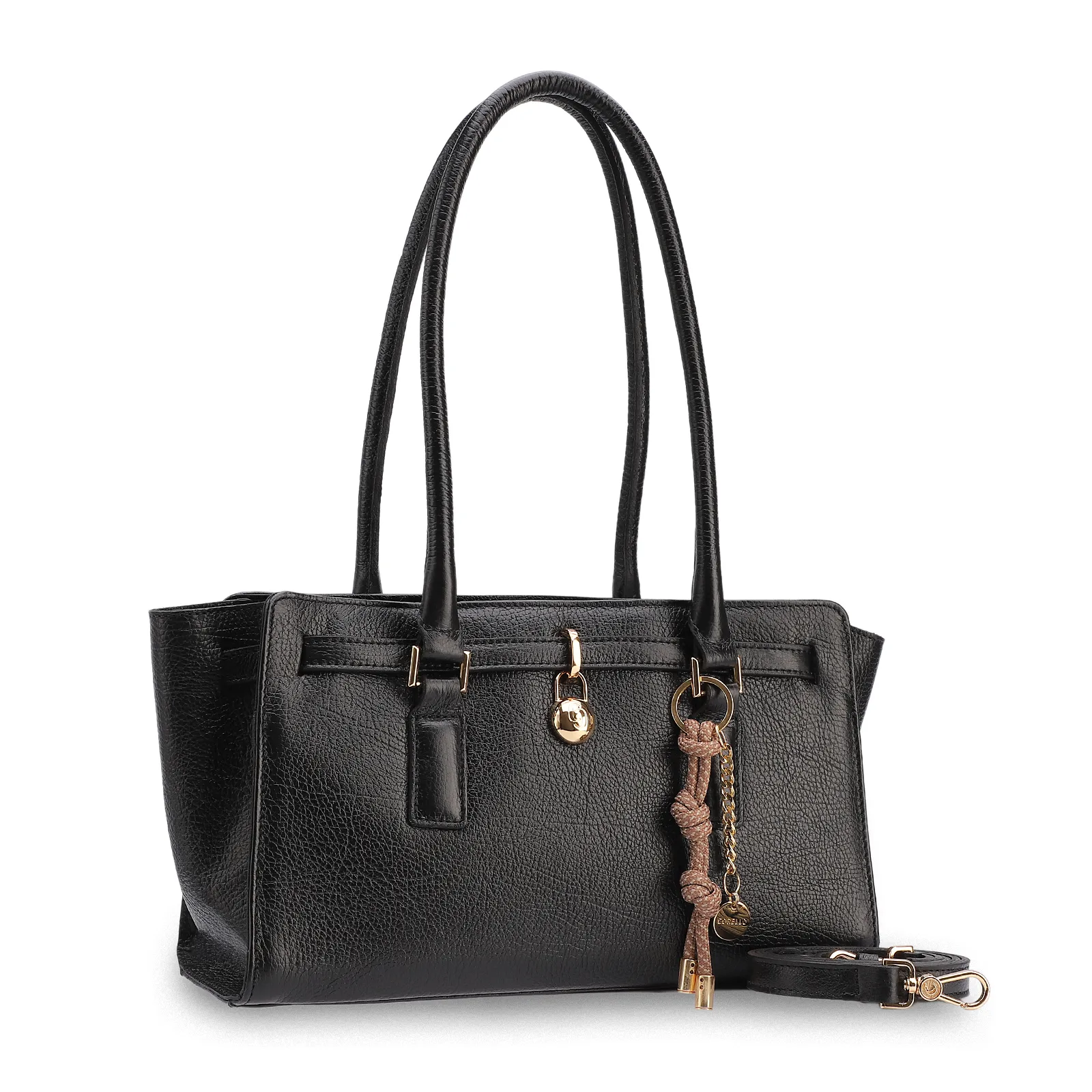 Bolsa Tote Média Couro Antique Preta Pingente Cadeado