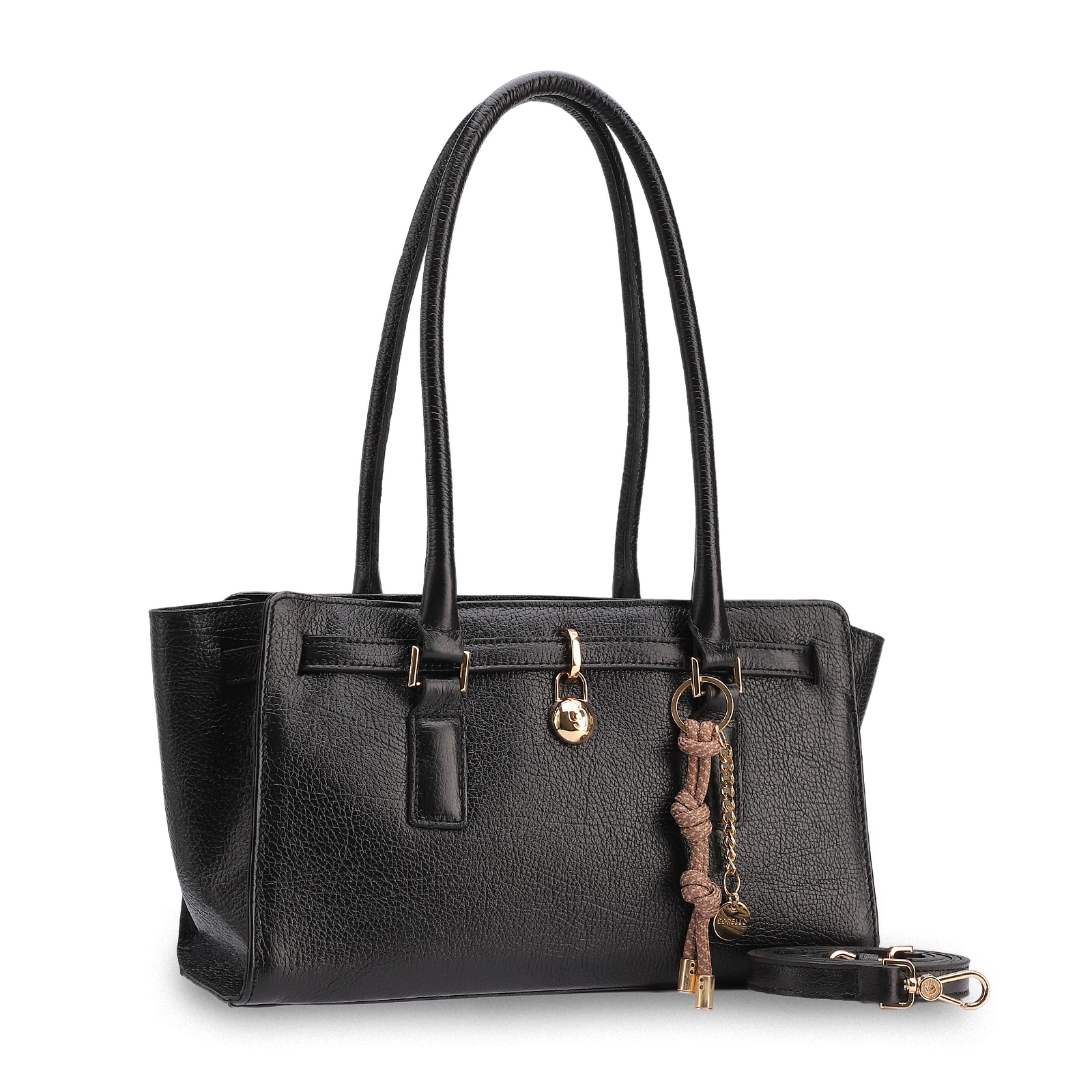 Bolsa Tote Média Couro Antique Preta Pingente Cadeado