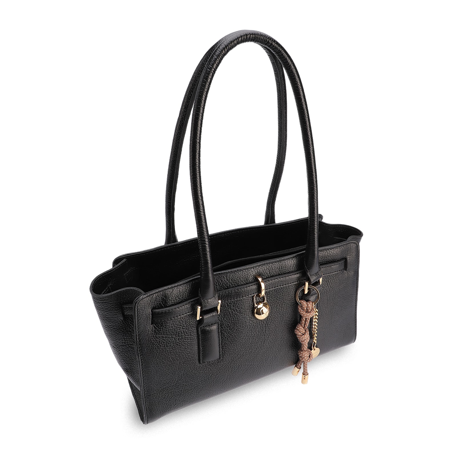 Bolsa Tote Média Couro Antique Preta Pingente Cadeado