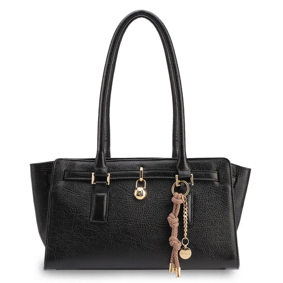 Bolsa Tote Média Couro Antique Preta Pingente Cadeado