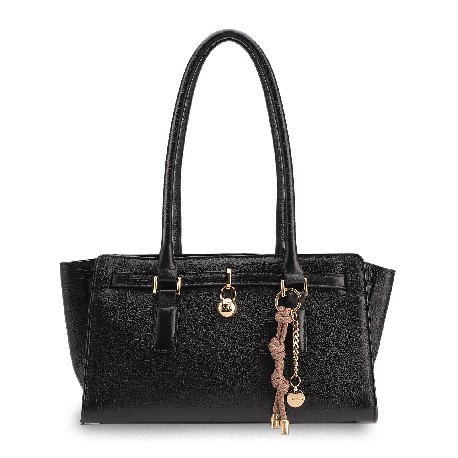 Bolsa Tote Média Couro Antique Preta Pingente Cadeado