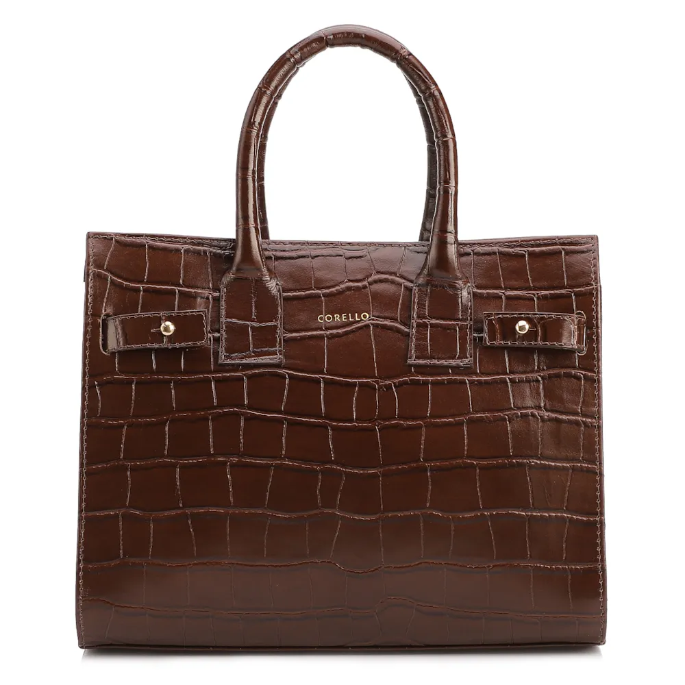 Bolsa Tote Média Couro Croco Marrom Divisória Interna