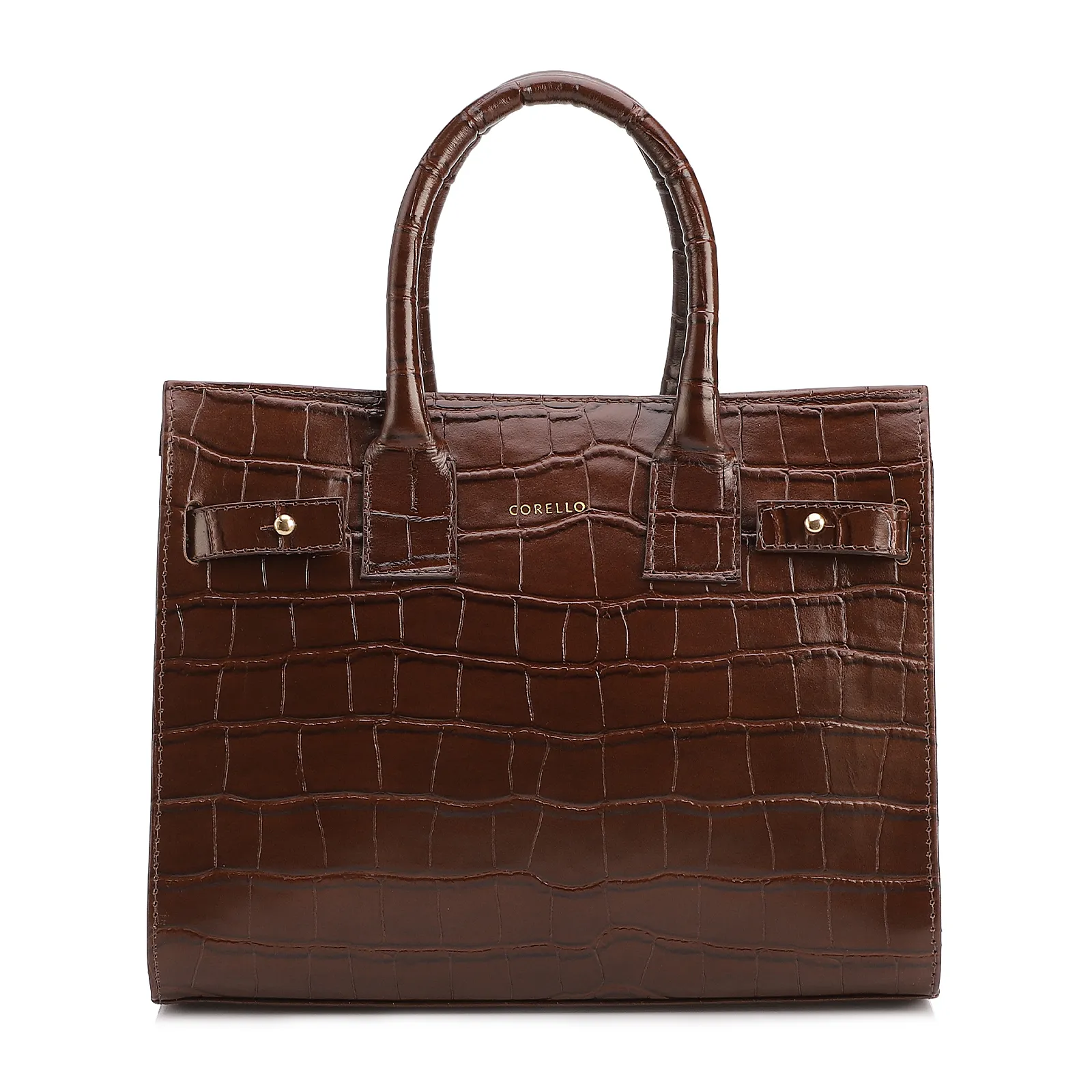 Bolsa Tote Média Couro Croco Marrom Divisória Interna