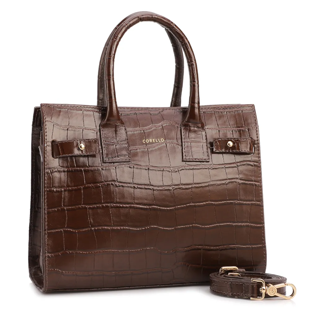 Bolsa Tote Média Couro Croco Marrom Divisória Interna - imagem 2