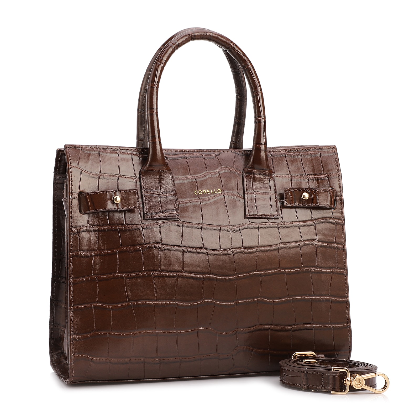 Bolsa Tote Média Couro Croco Marrom Divisória Interna