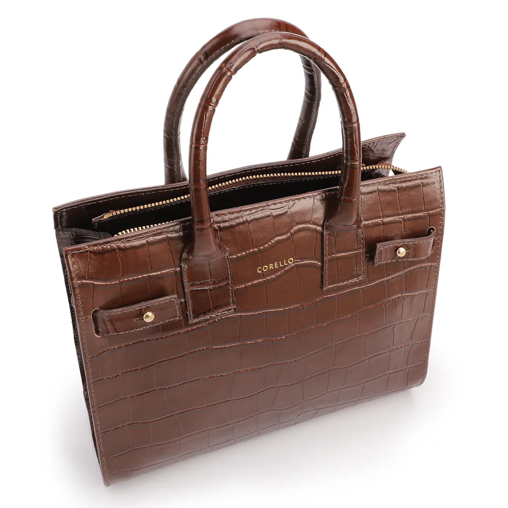 Bolsa Tote Média Couro Croco Marrom Divisória Interna - imagem 4