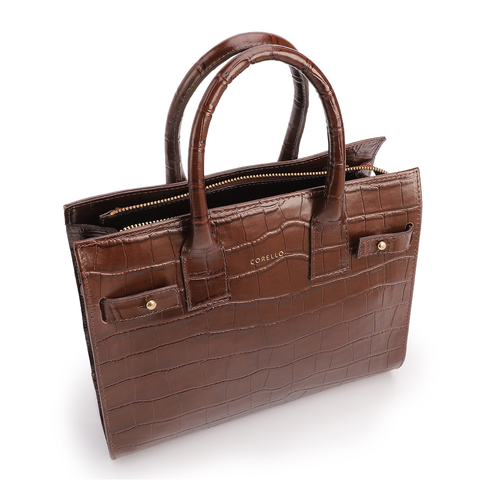 Bolsa Tote Média Couro Croco Marrom Divisória Interna