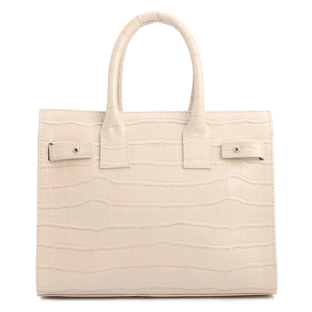  Bolsa Tote Média Couro Croco Off White Divisória Interna