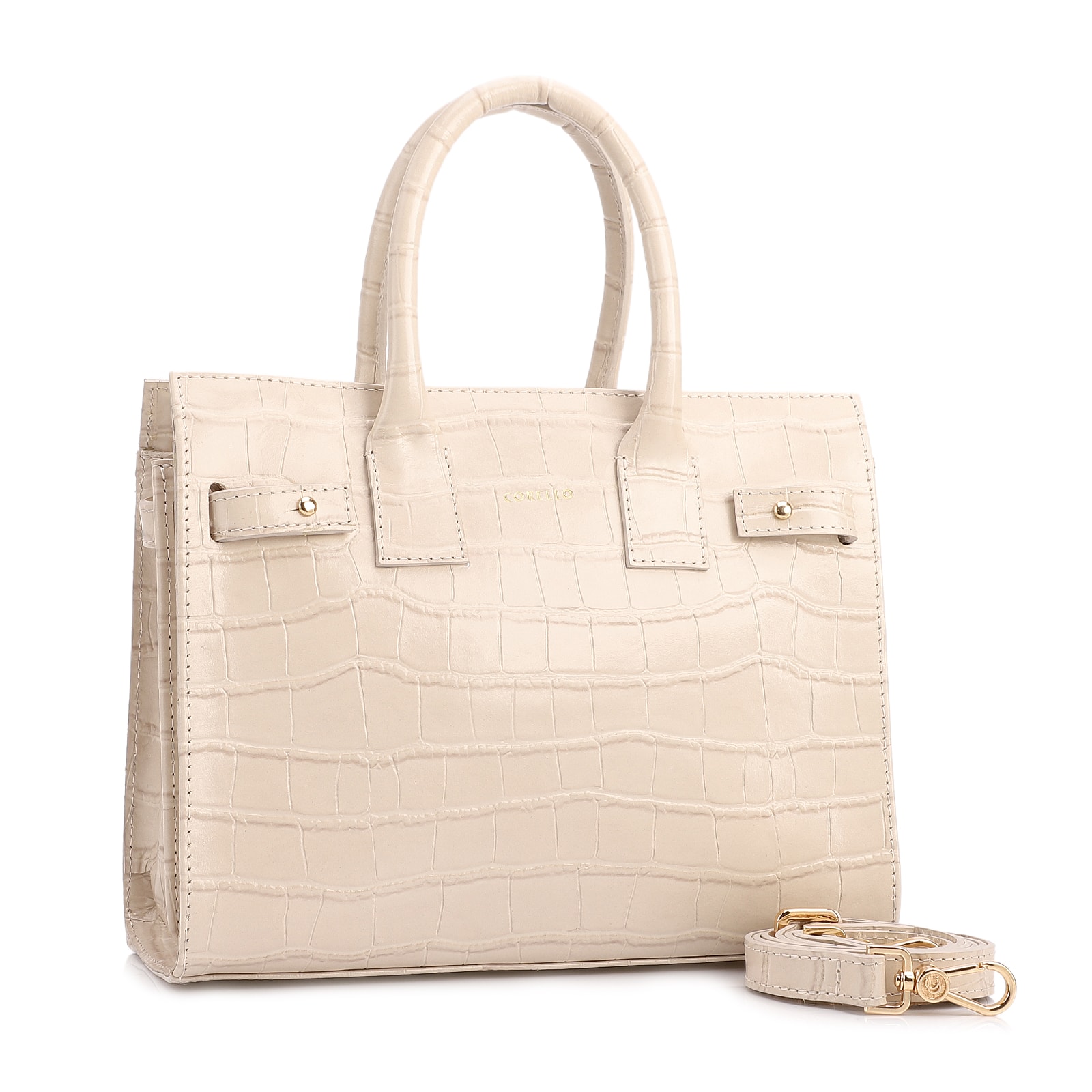 Bolsa Tote Média Couro Croco Off White Divisória Interna