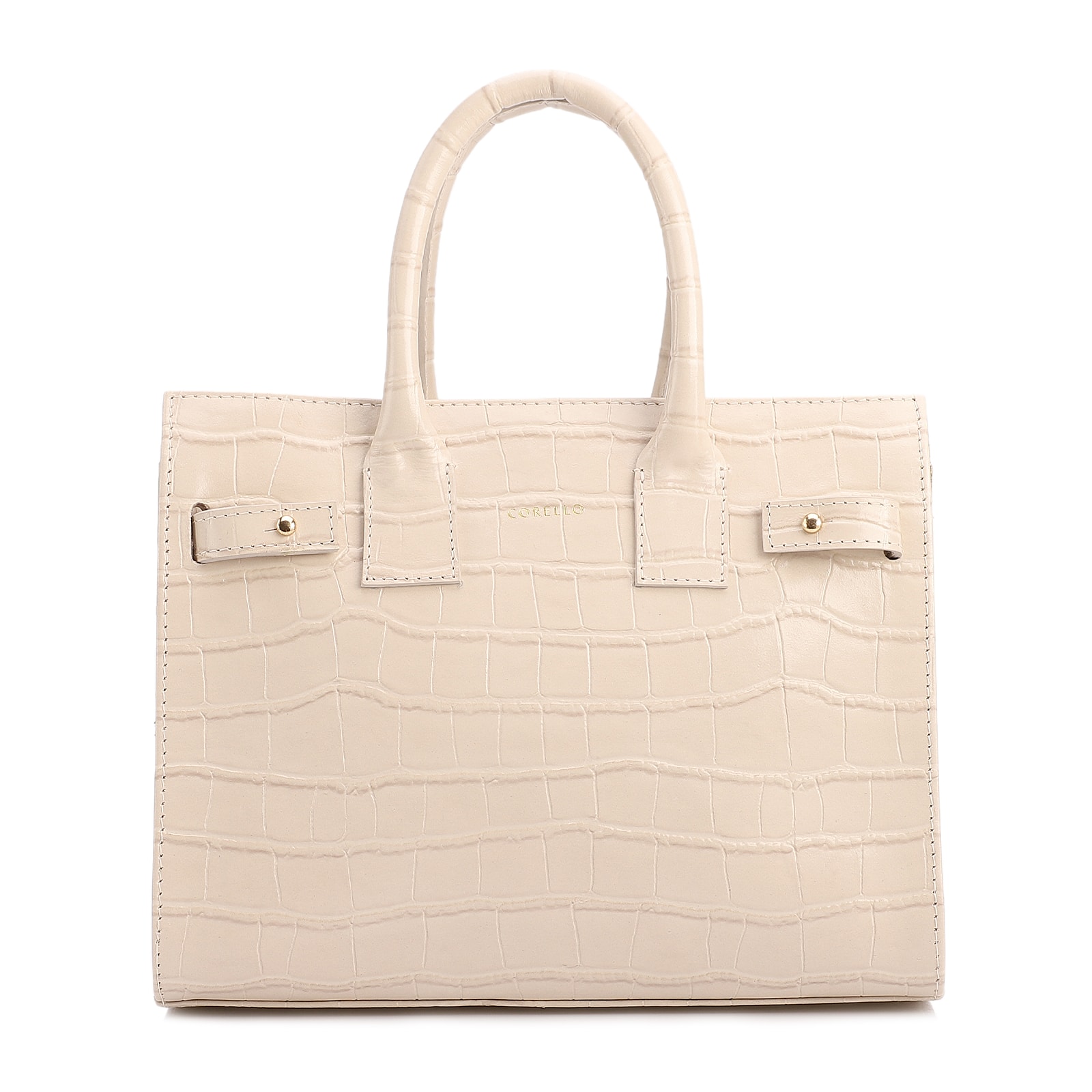 Bolsa Tote Média Couro Croco Off White Divisória Interna