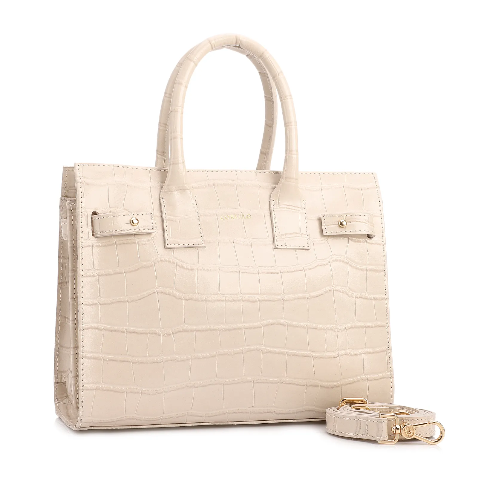 Bolsa Tote Média Couro Croco Off White Divisória Interna