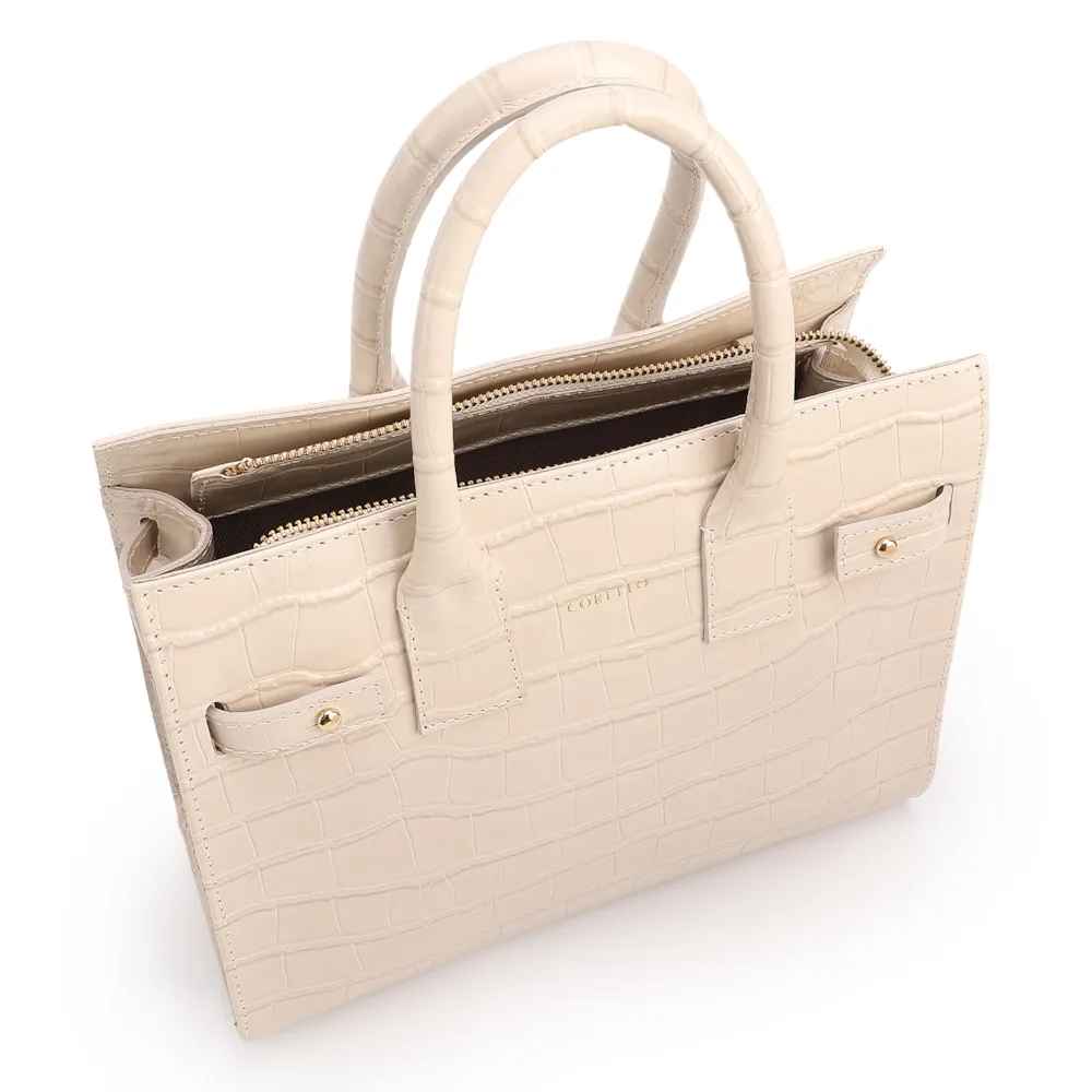 Bolsa Tote Média Couro Croco Off White Divisória Interna - imagem 4