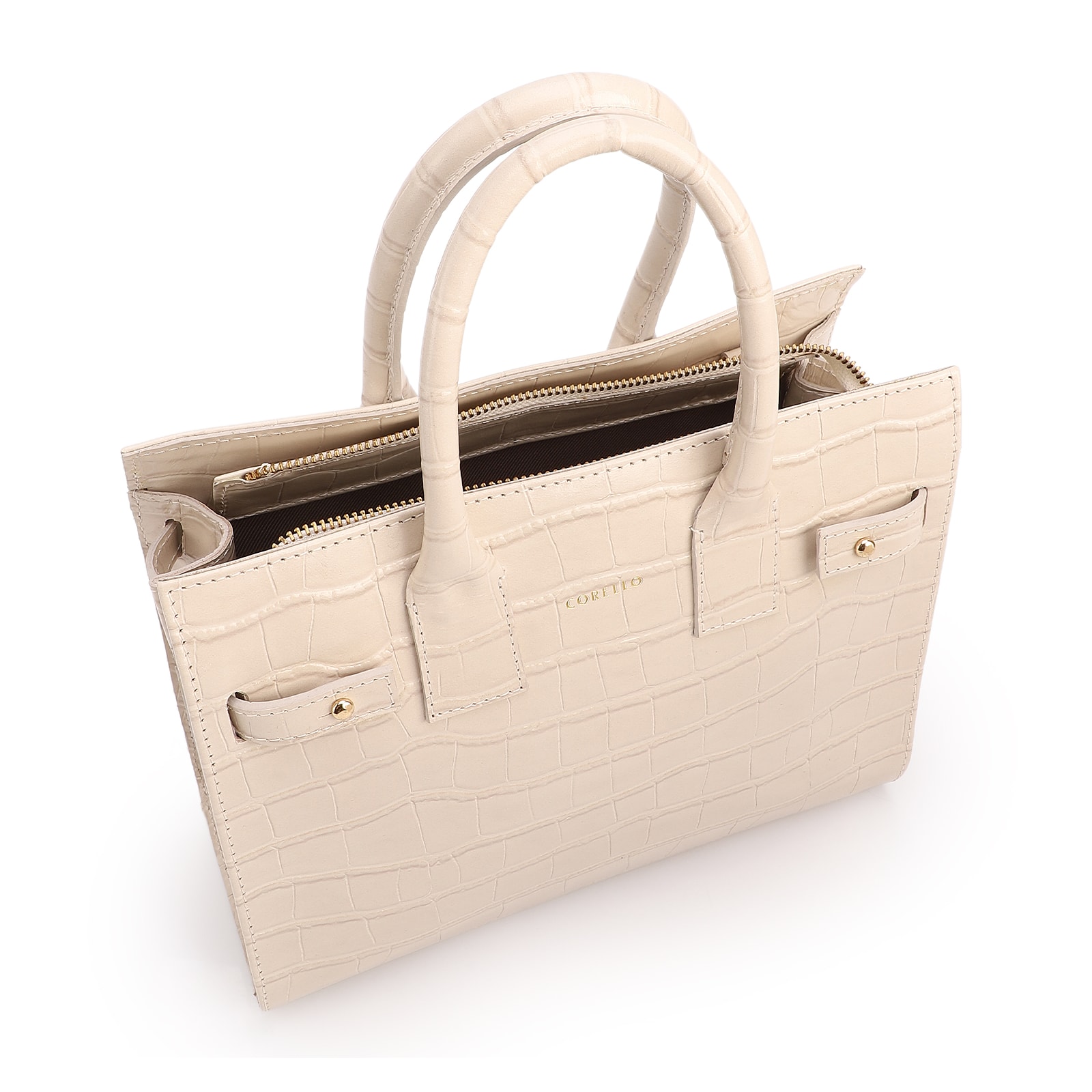Bolsa Tote Média Couro Croco Off White Divisória Interna