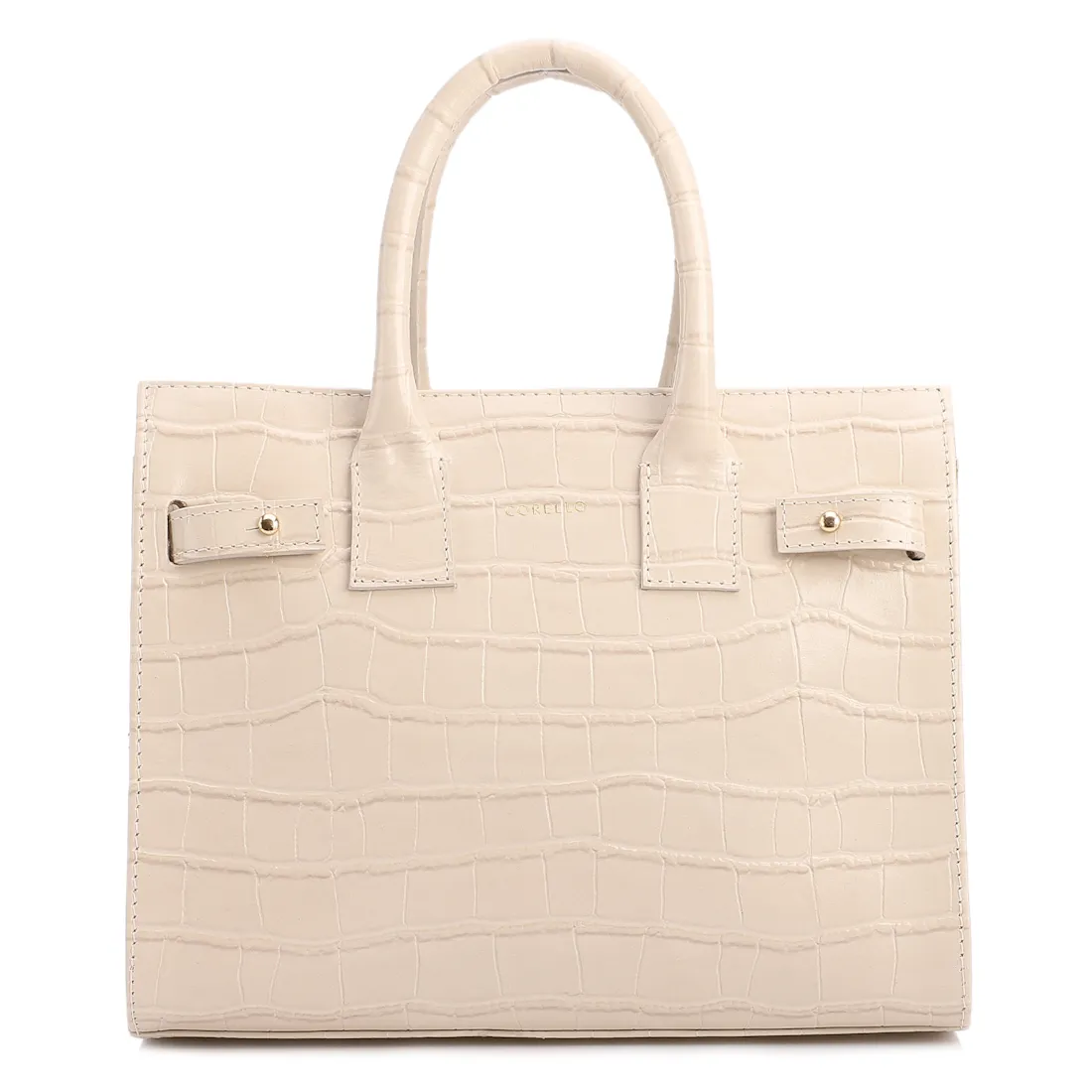 Bolsa Tote Média Couro Croco Off White Divisória Interna
