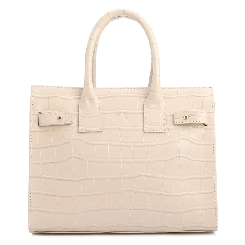 Bolsa Tote Média Couro Croco Off White Divisória Interna