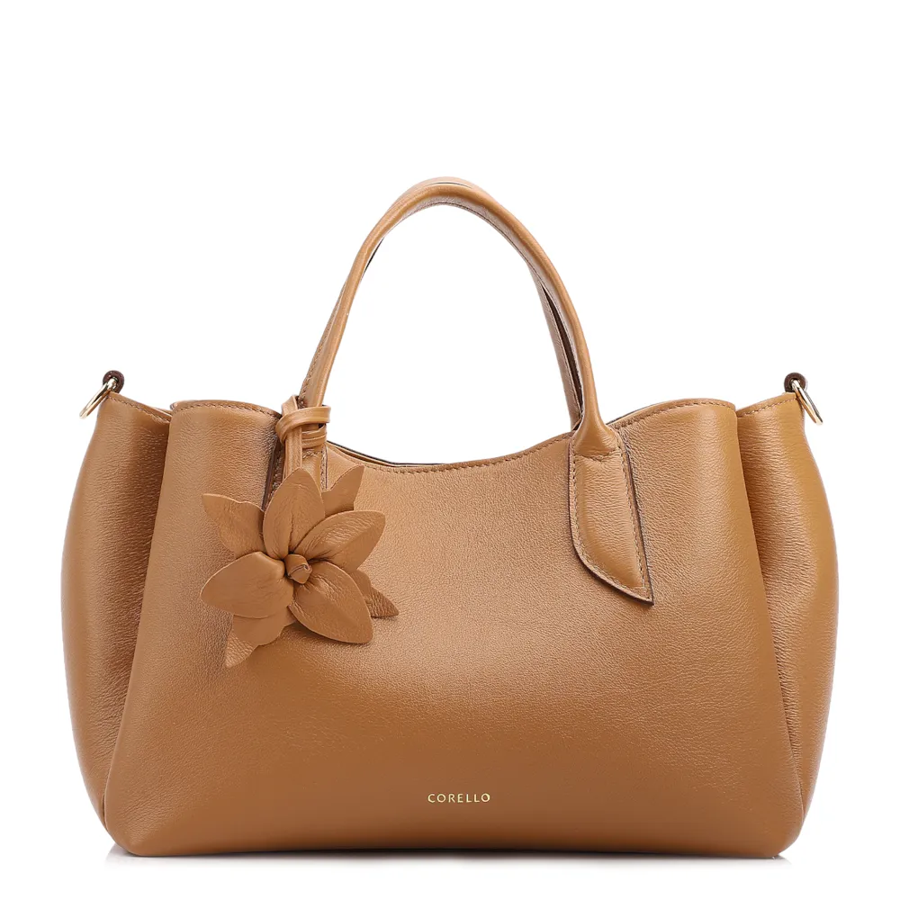  Bolsa Tote Média Couro Marrom Claro Pingente Flor