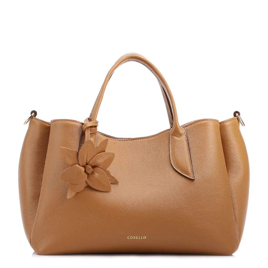  Bolsa Tote Média Couro Marrom Claro Pingente Flor