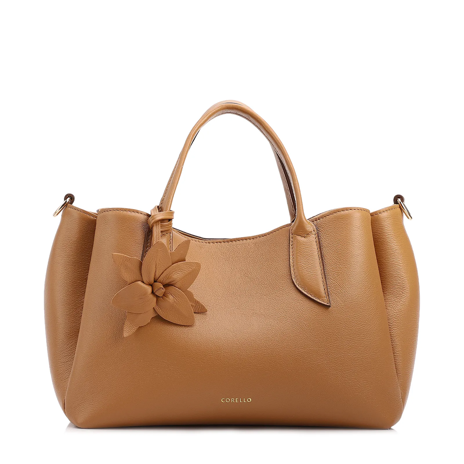  Bolsa Tote Média Couro Marrom Claro Pingente Flor