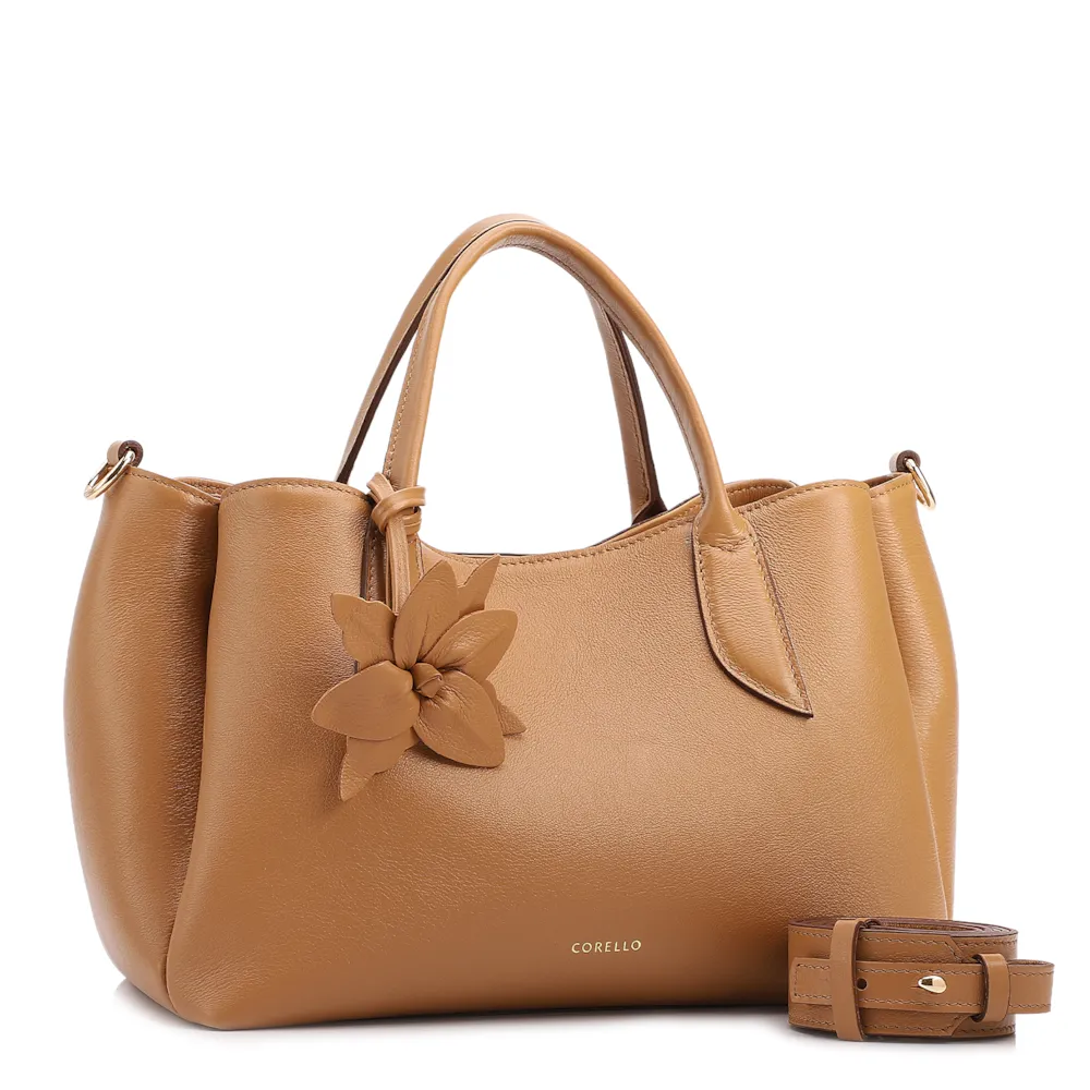 Bolsa Tote Média Couro Marrom Claro Pingente Flor - imagem 2