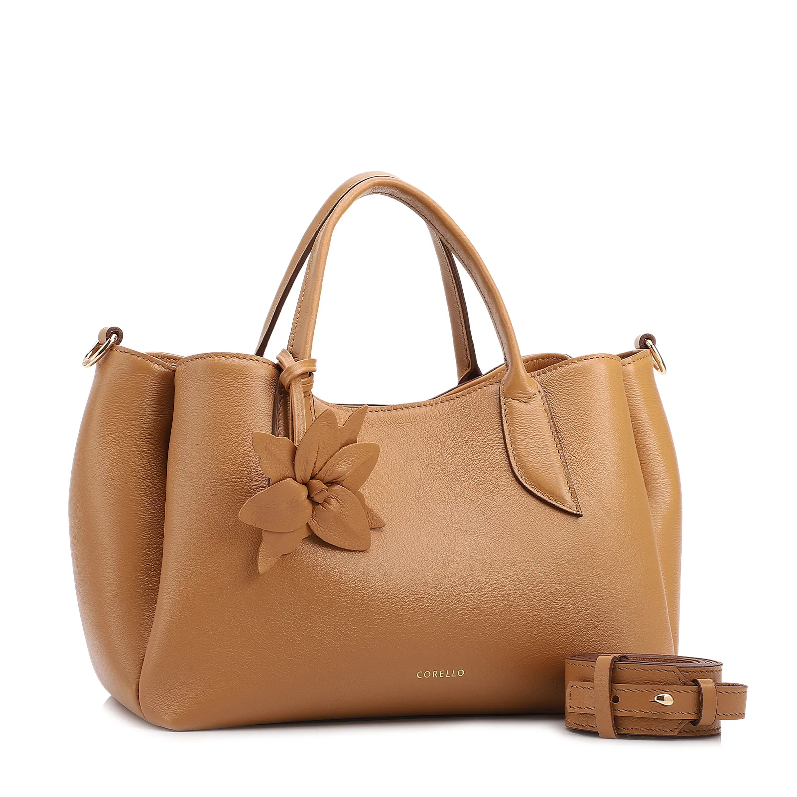  Bolsa Tote Média Couro Marrom Claro Pingente Flor