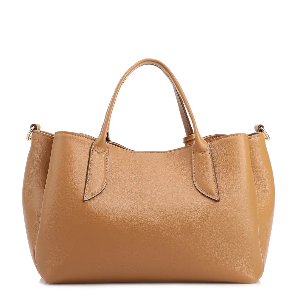  Bolsa Tote Média Couro Marrom Claro Pingente Flor - imagem 3