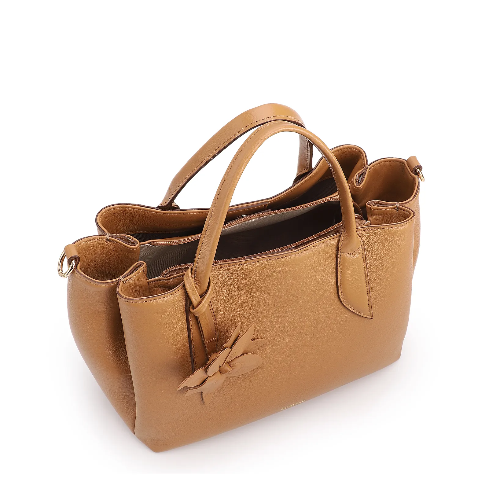  Bolsa Tote Média Couro Marrom Claro Pingente Flor
