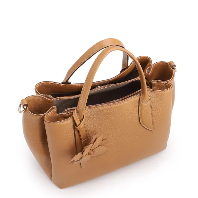  Bolsa Tote Média Couro Marrom Claro Pingente Flor - foto 4