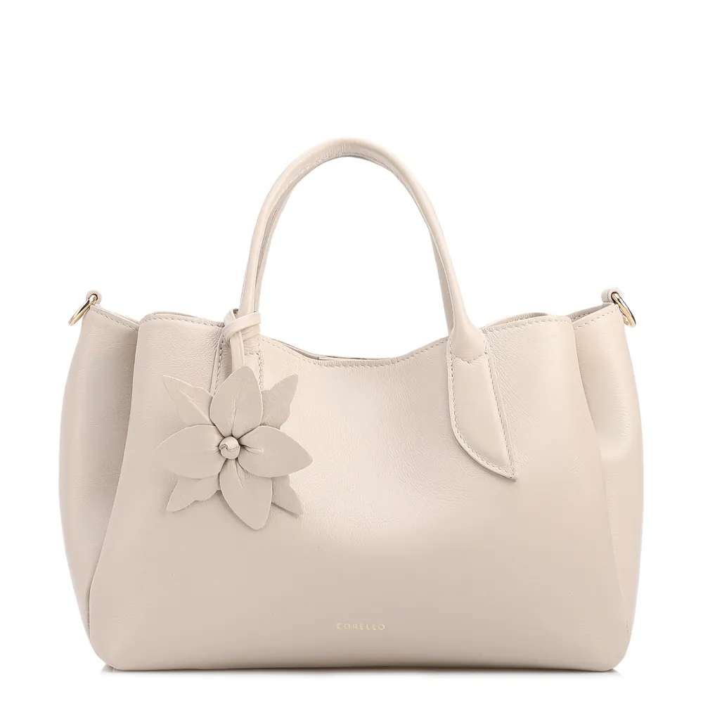  Bolsa Tote Média Couro Off White Pingente Flor