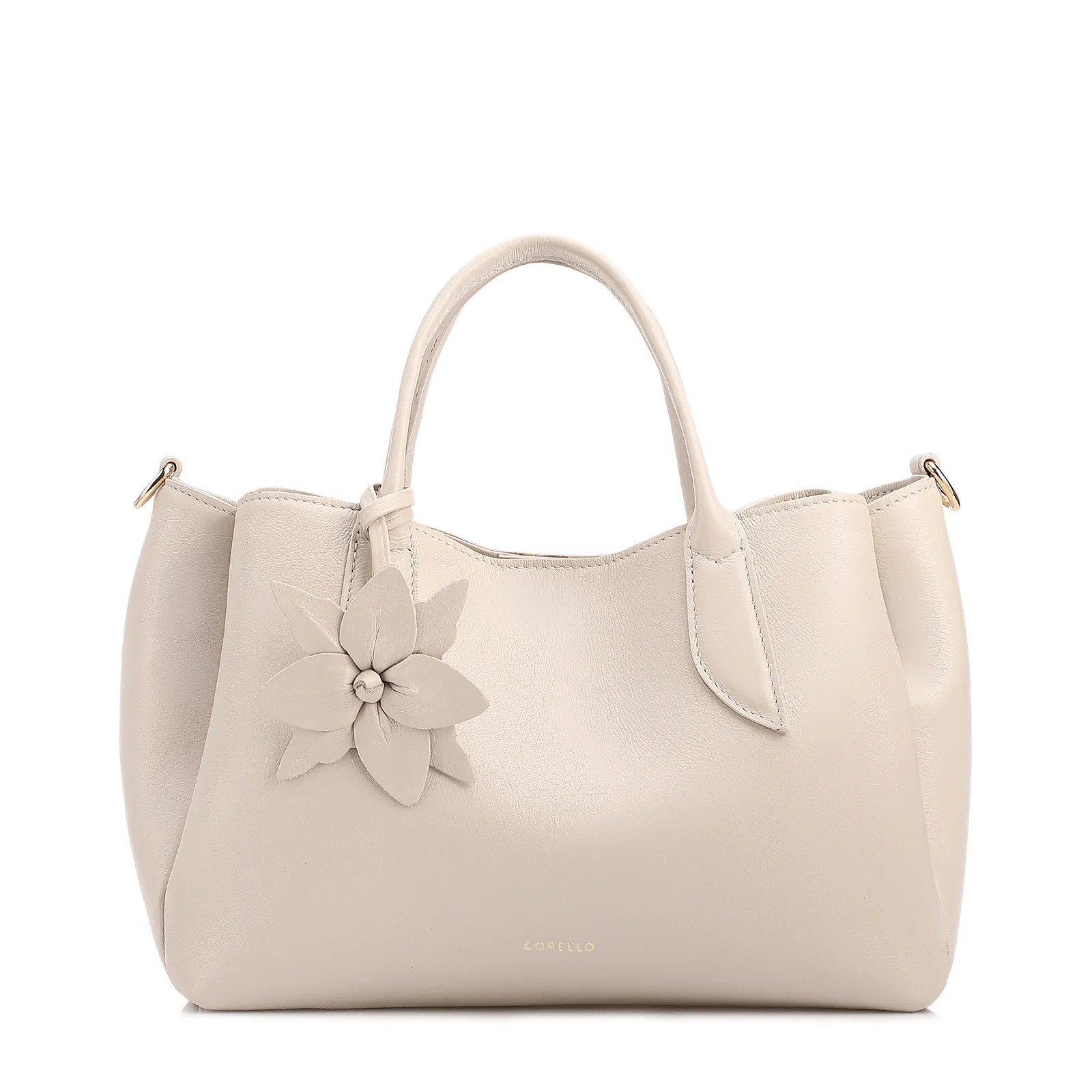 Bolsa Tote Média Couro Off White Pingente Flor
