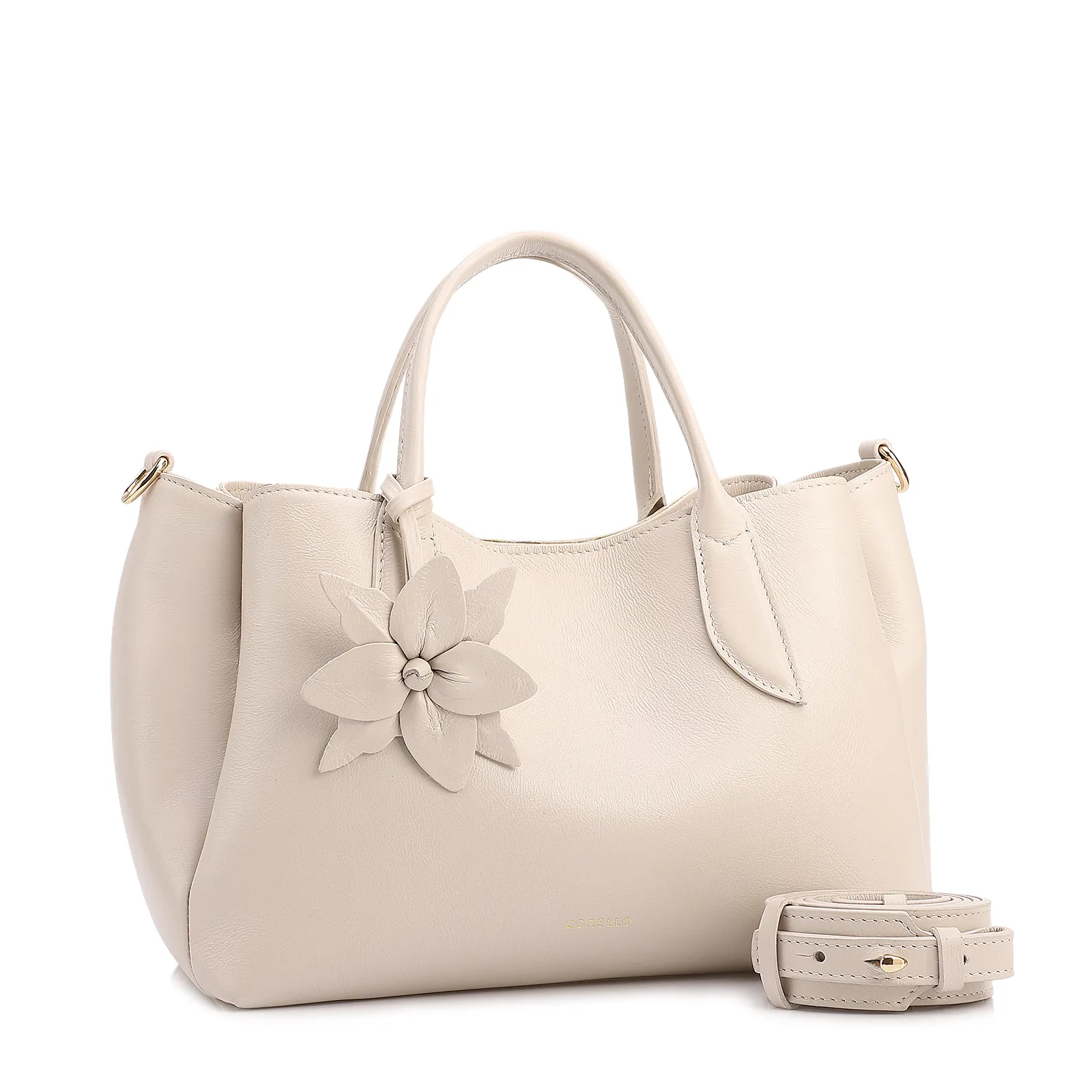  Bolsa Tote Média Couro Off White Pingente Flor