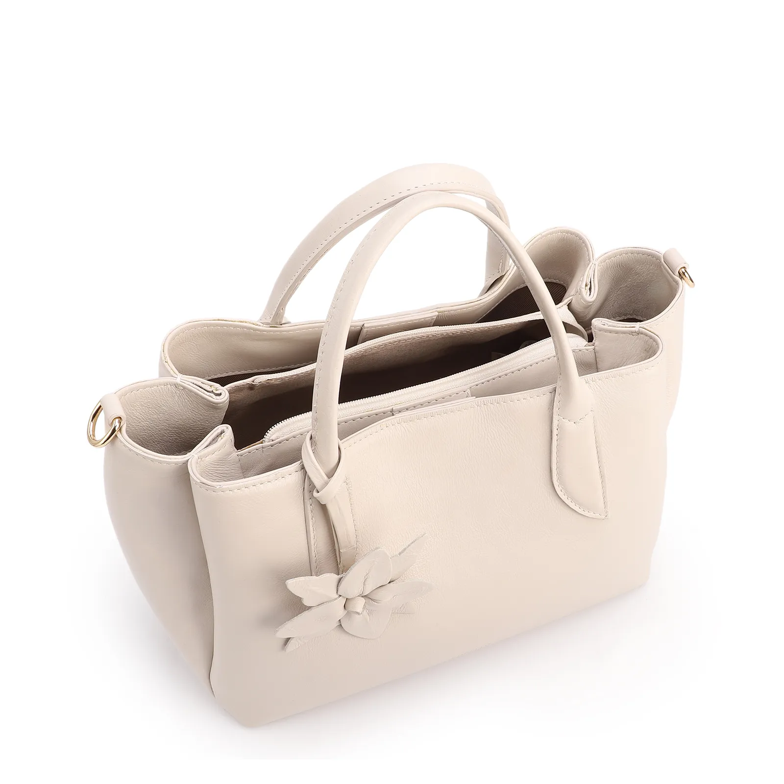  Bolsa Tote Média Couro Off White Pingente Flor