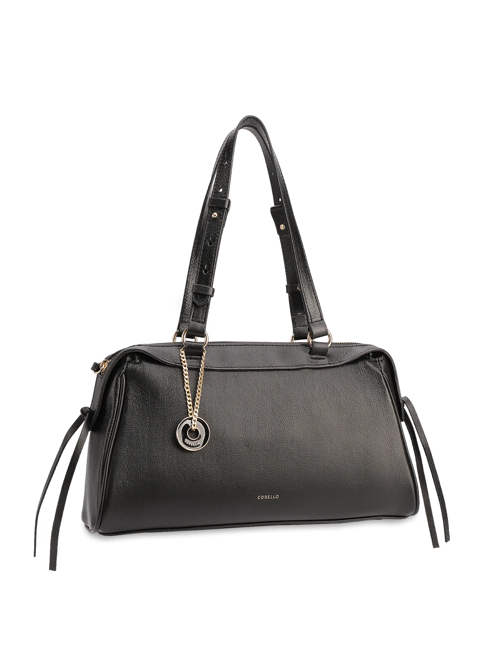 Bolsa Tote Média Couro Preto Tira Lateral