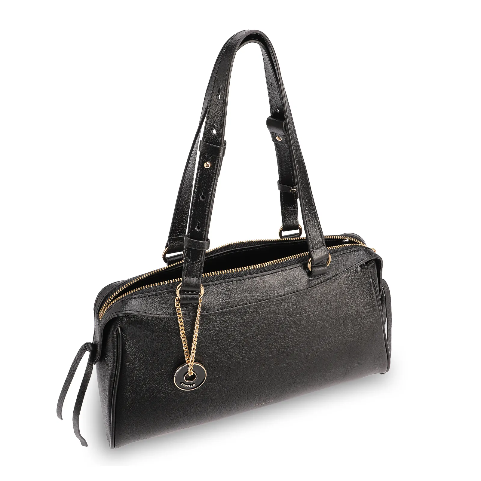 Bolsa Tote Média Couro Preto Tira Lateral