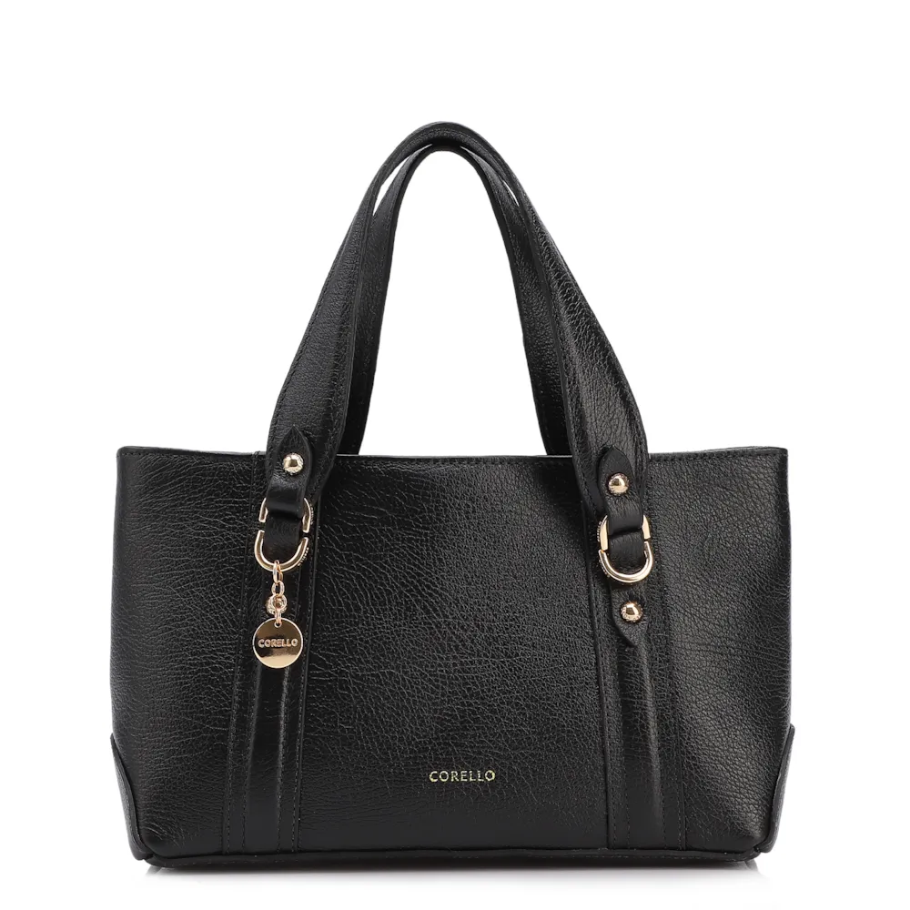 Bolsa Tote Pequena Couro Antique Preta Alças Paralelas
