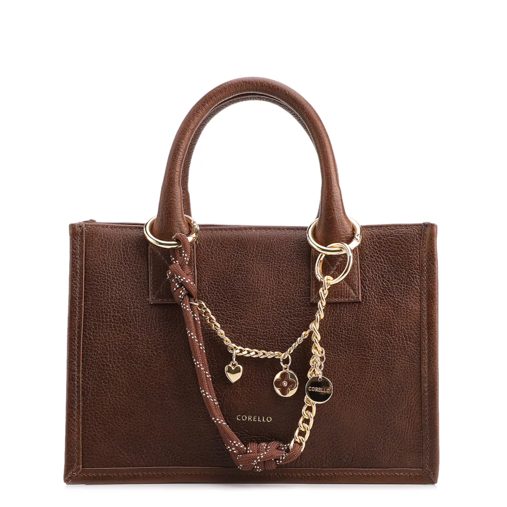 Bolsa Tote Pequena Couro Marrom Corrente Pingente