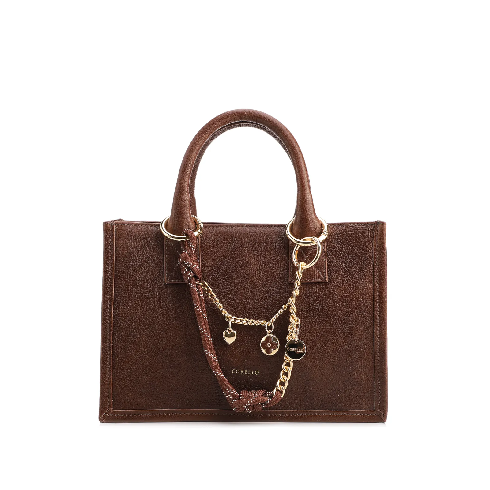 Bolsa Tote Pequena Couro Marrom Corrente Pingente