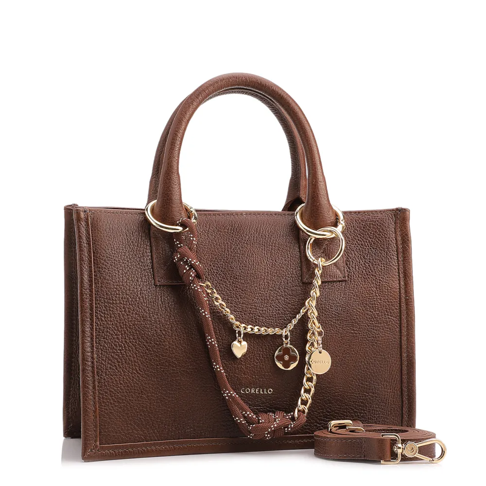 Bolsa Tote Pequena Couro Marrom Corrente Pingente - imagem 2