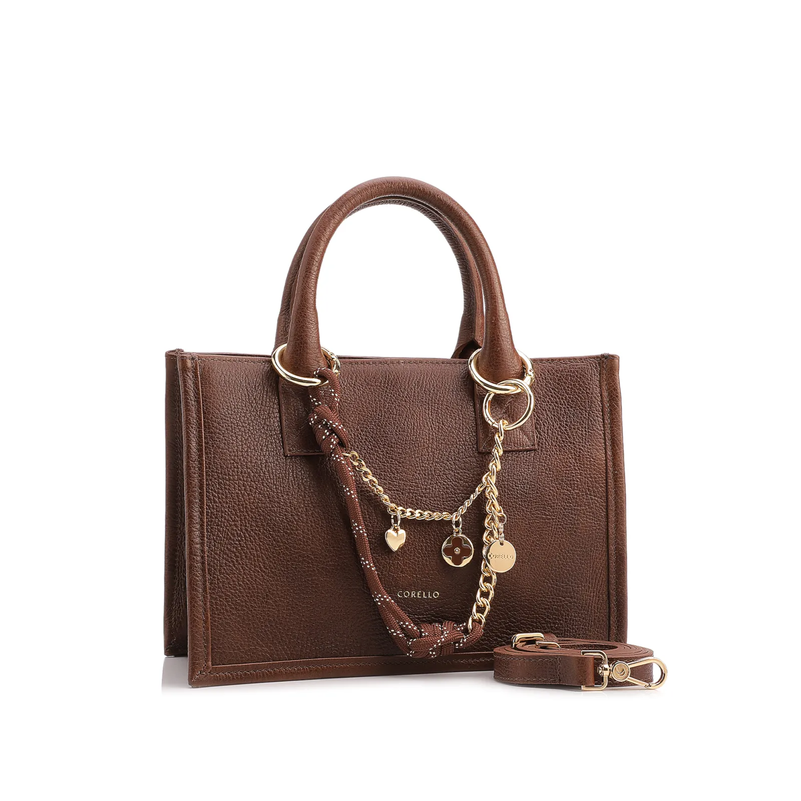 Bolsa Tote Pequena Couro Marrom Corrente Pingente