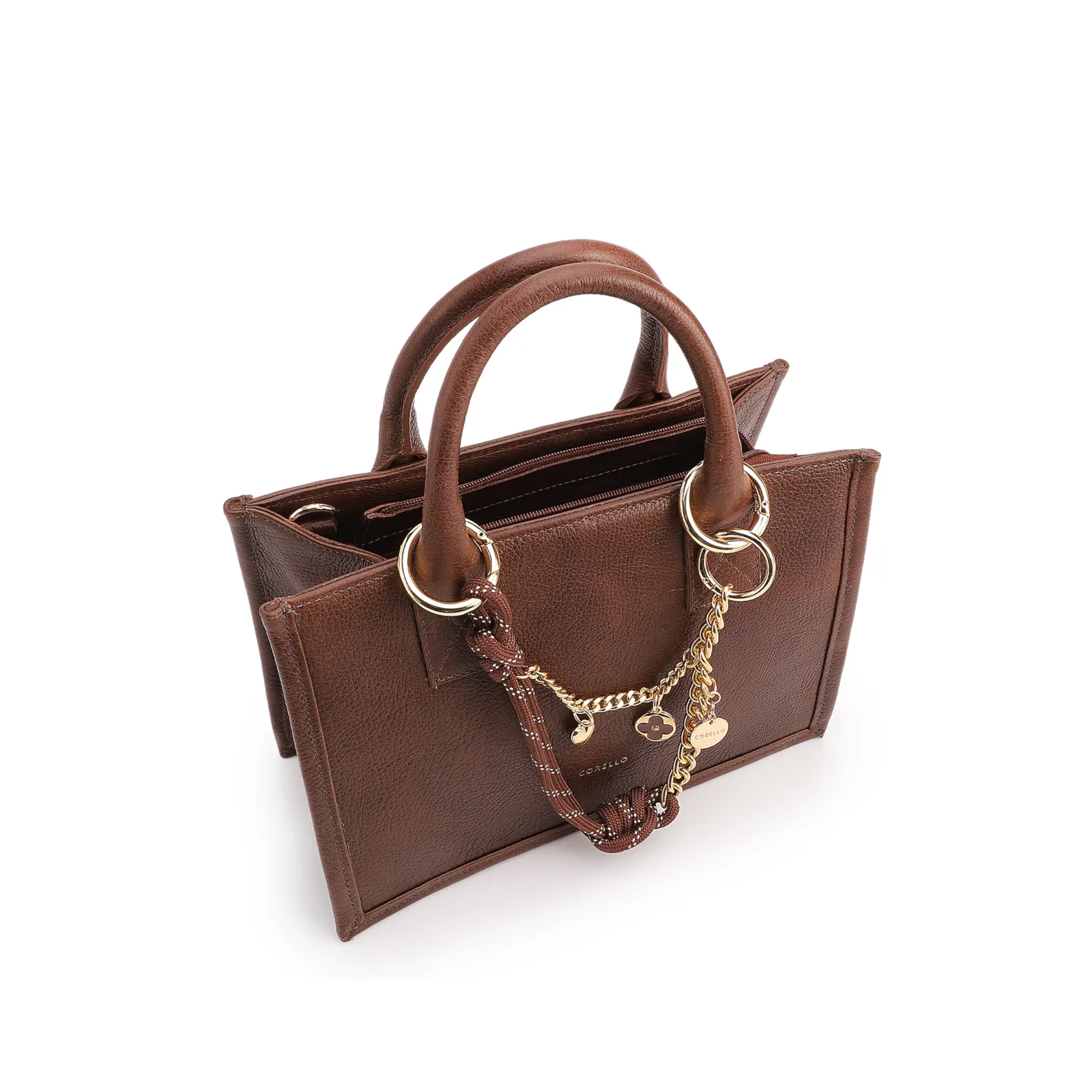 Bolsa Tote Pequena Couro Marrom Corrente Pingente