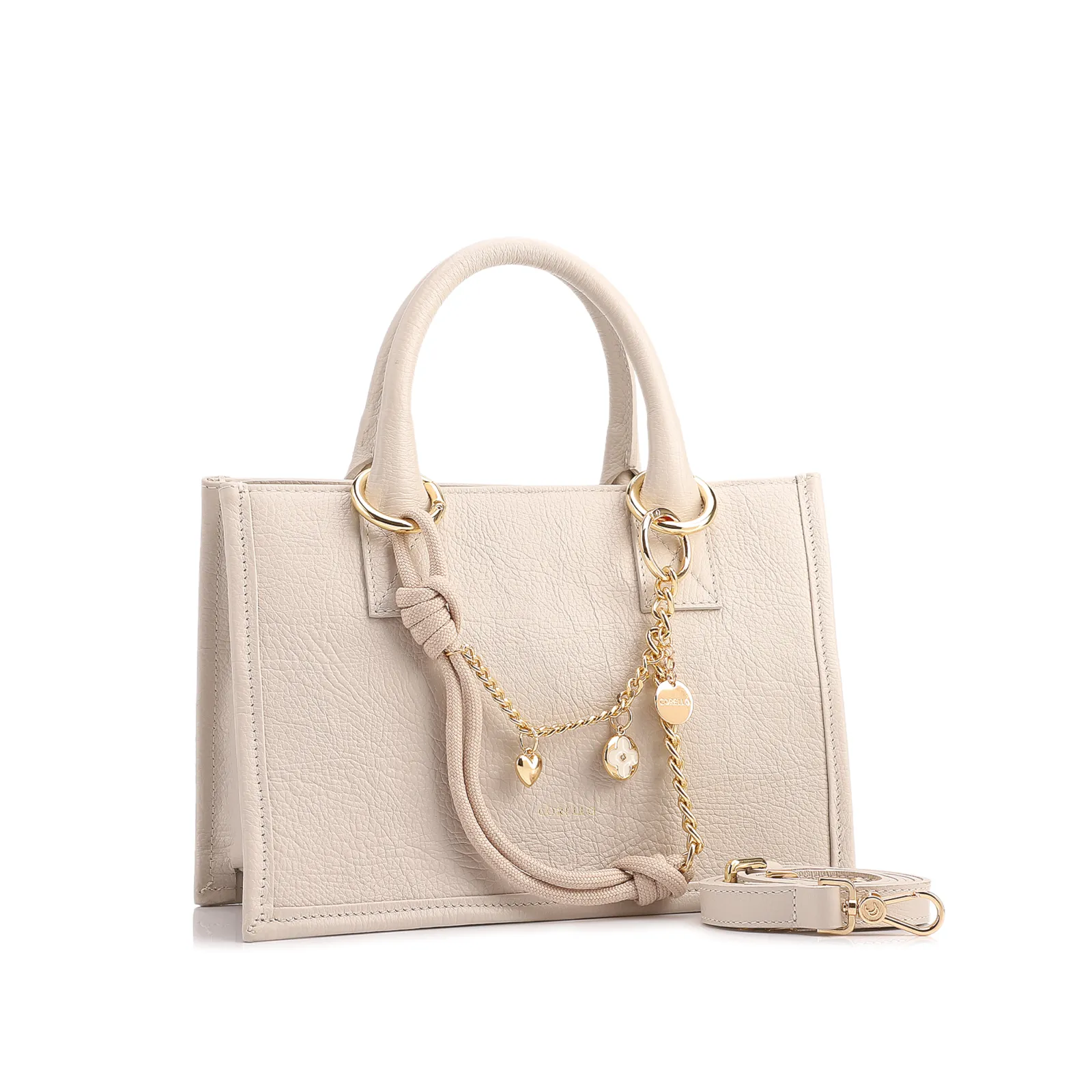 Bolsa Tote Pequena Couro Off White Corrente Pingente